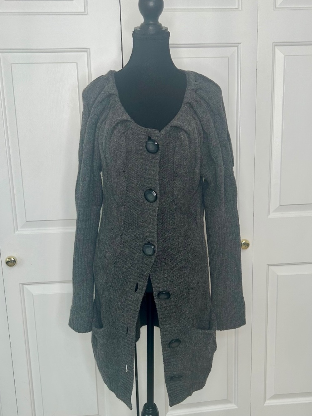 Full Circle Charcoal Grey Long-line Cable Knit Sweater with Large Buttons